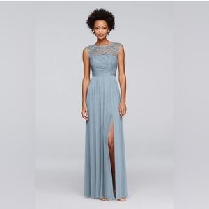 Dusty blue lace bridesmaid dress with long mesh skirt by davids bridal